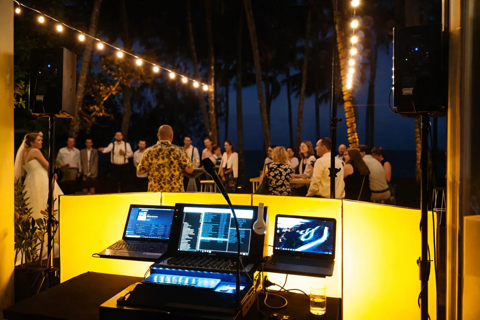 Sir Rocko DJ setup with warm yellow lighting at wedding venue