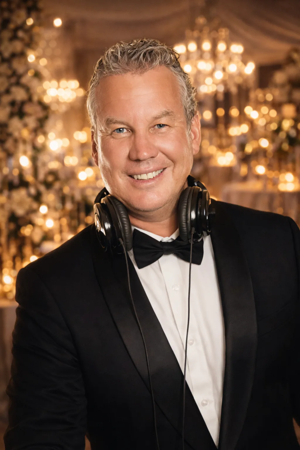Greg Mullens - Sir Rocko - in formal tuxedo at wedding venue with chandelier