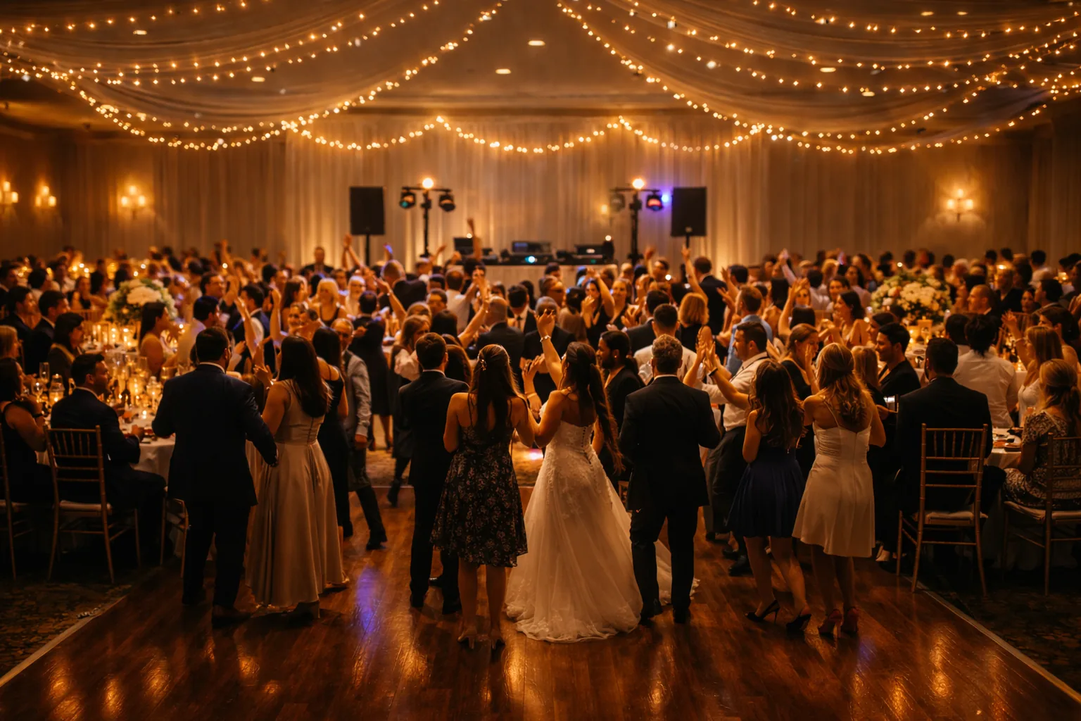 Packed dance floor under Sir Rocko's lights